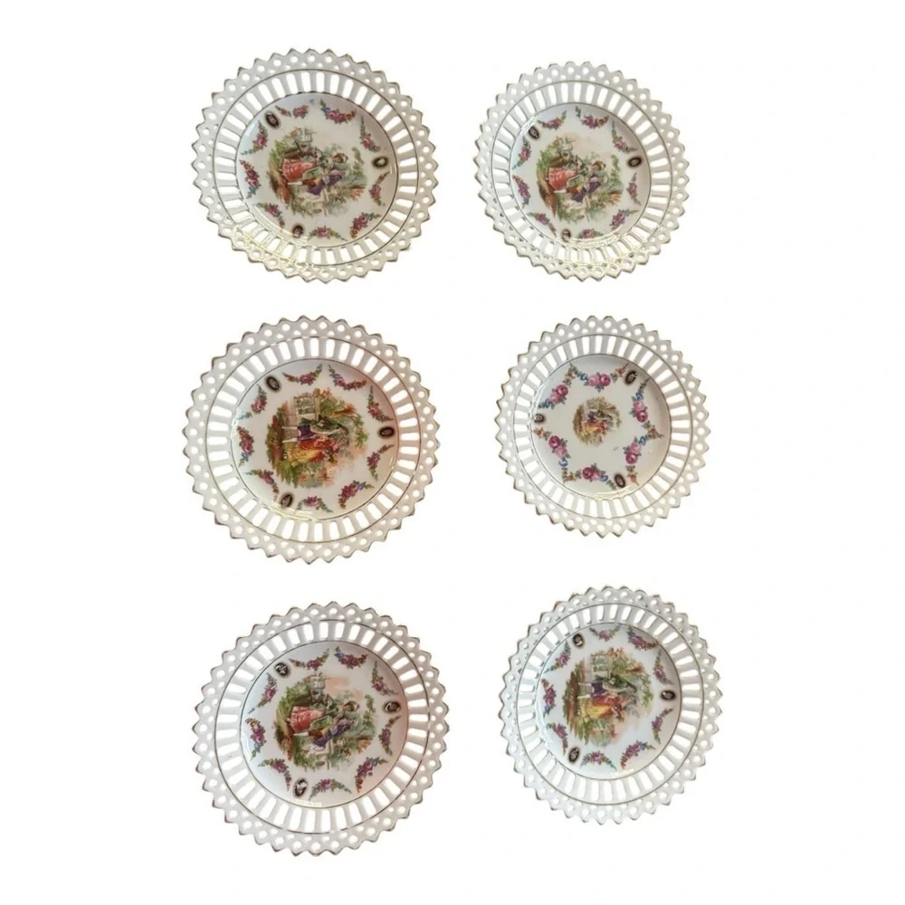 GERMANY PIERCED GOLD EDGES PORCELAIN VIENNESE MOTIF 6 PIECES PLATES COLLECTIBLE